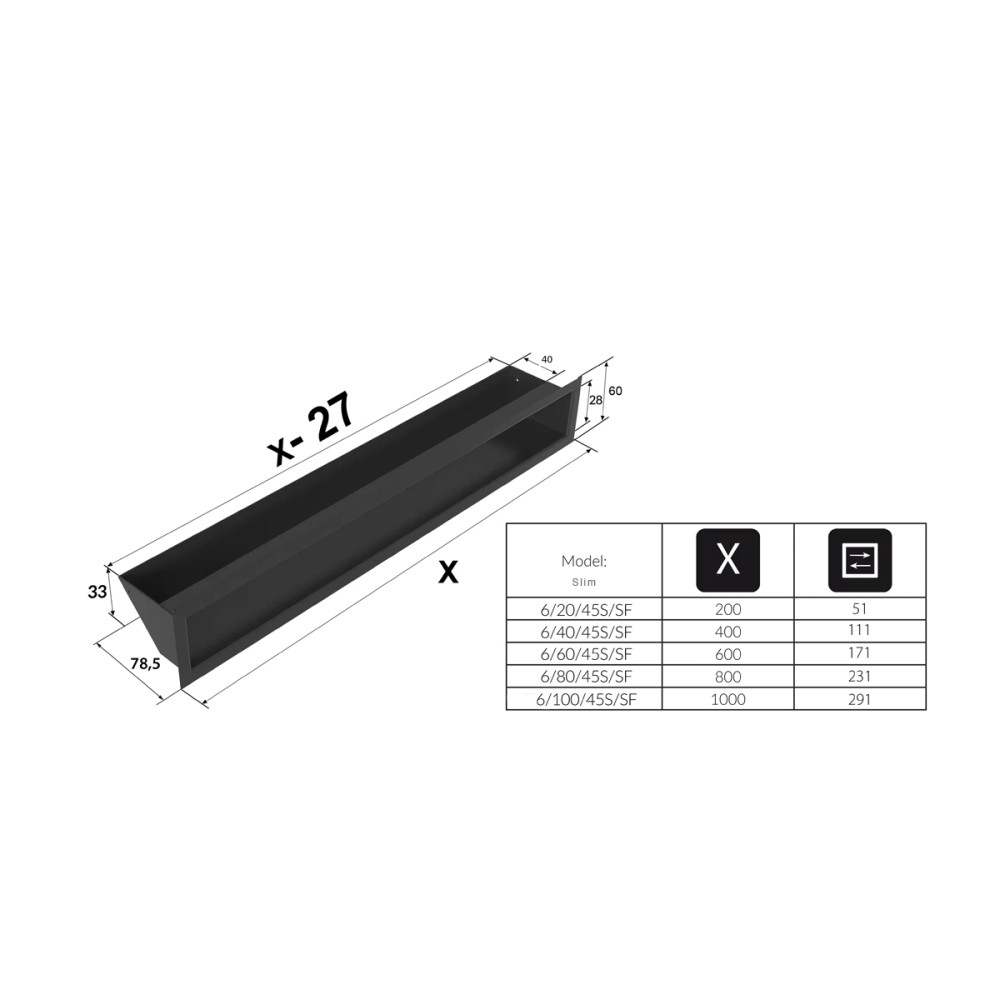 Grelha de Ventilação Grafite Slim 6x20cm LUFT/6/20/45S/G/SF