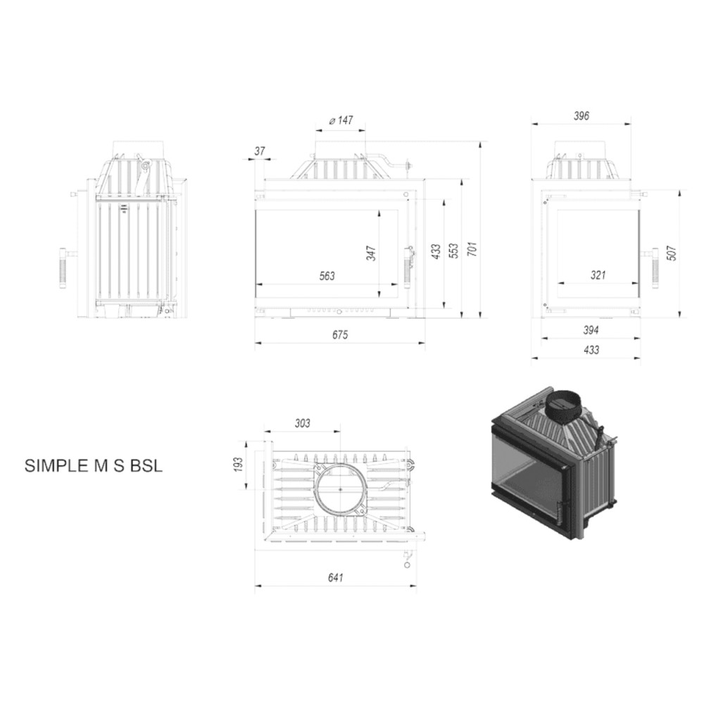 Recuperador a Lenha Ar 8Kw Canto Esquerdo Kratki Simple SIMPLE/M/S/L/BS/150 Ø150