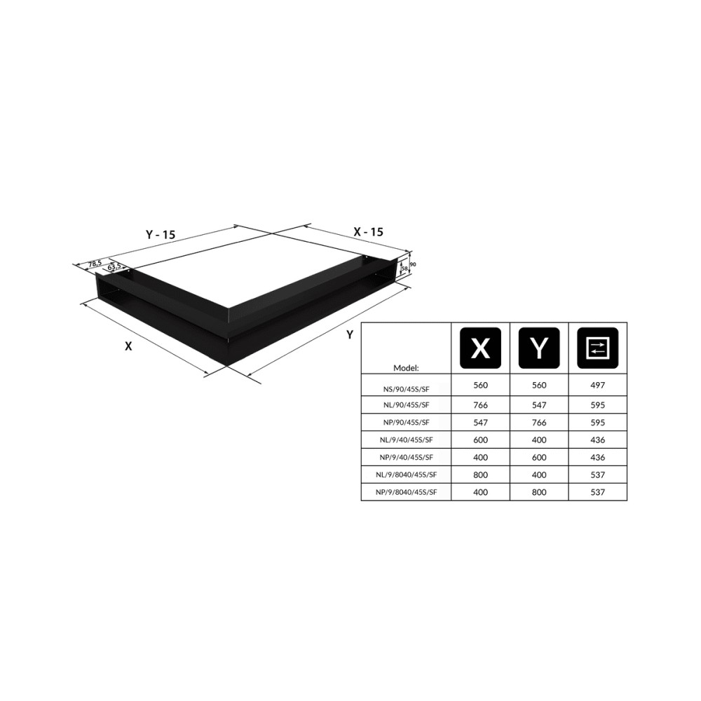 Grelha de Ventilação Canto Direito slim 54,7x76,6x9 cm Grafite LUFT/NP/90/45S/G/SF
