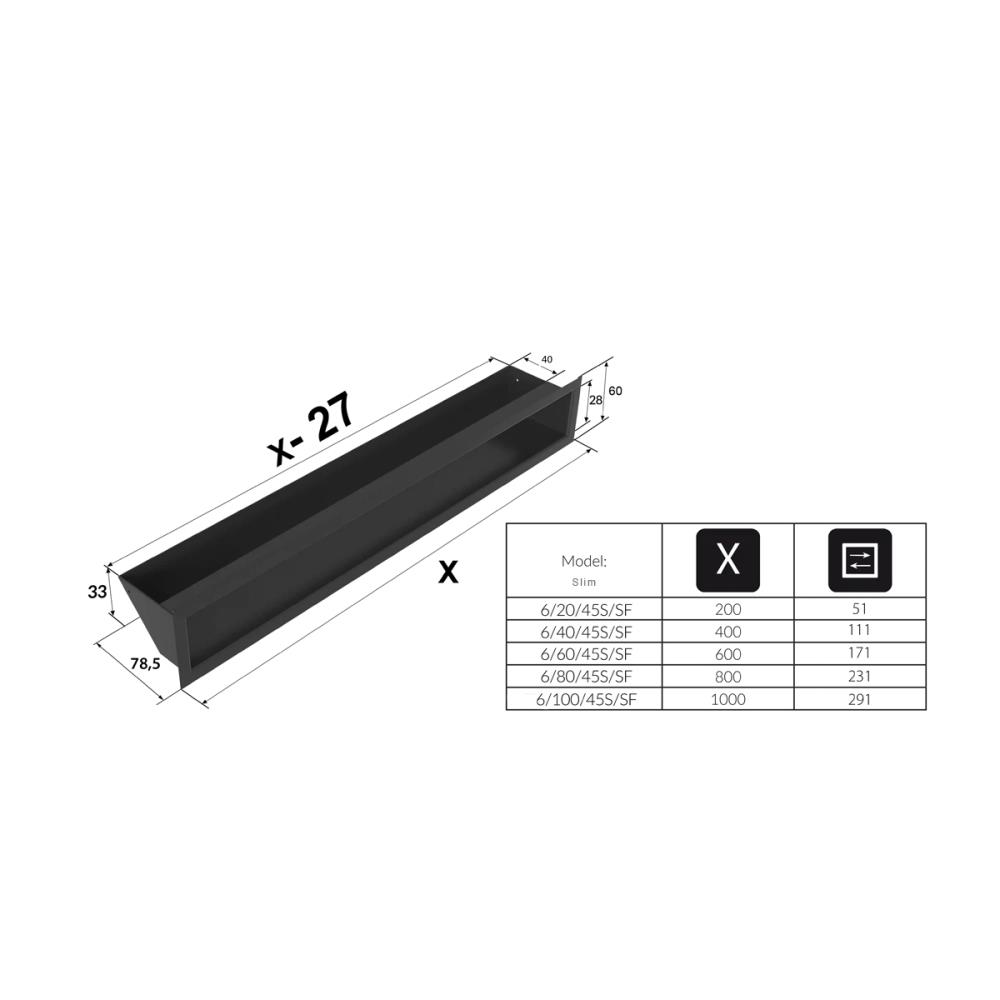 Grelha de Ventilação Preta Slim 6x60cm LUFT/6/60/45S/C/SF