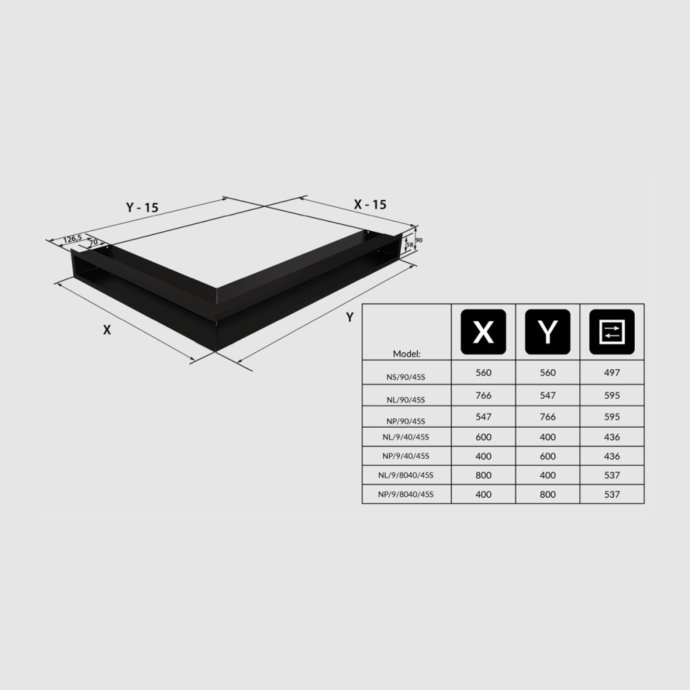 Grelha de Ventilação Canto Direito 60X40X9 cm Preta LUFT/NL/9/40/45S/C