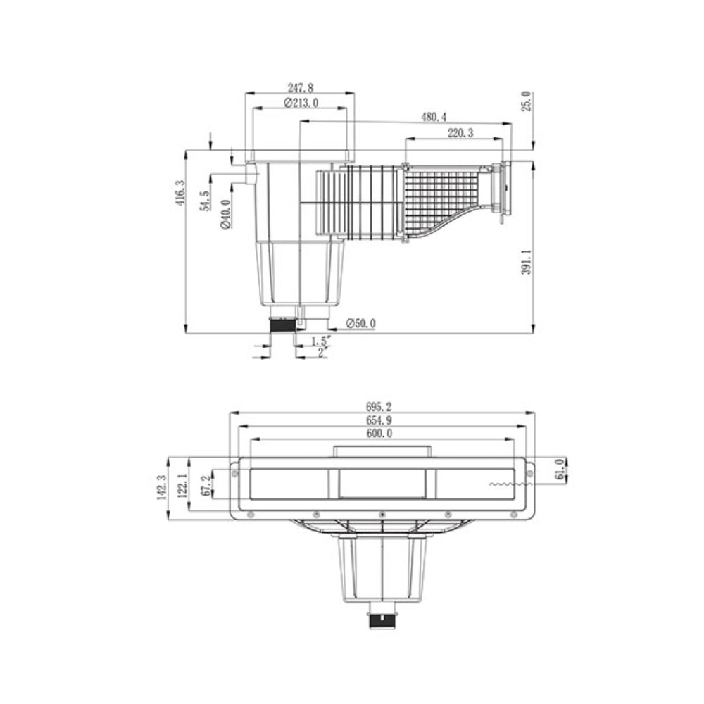 Skimmer Glass Estreito ABS Branco para Piscina Liner/Betão