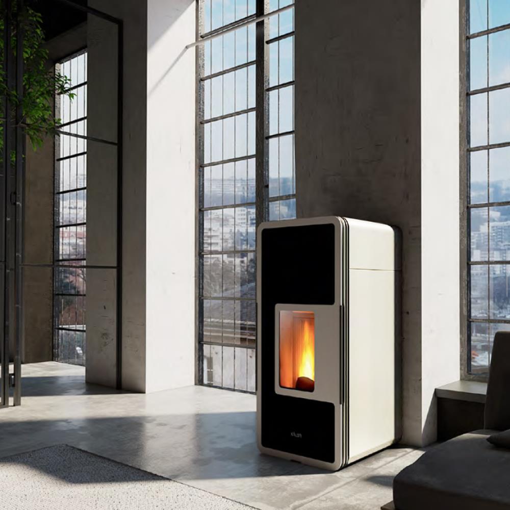 Salamandra a Pellet Ar Ventilado 12Kw Kalon Cover E Skema2 Branca/Preta
