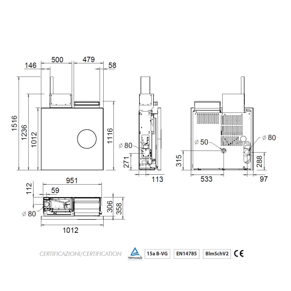 Salamandra a Pellet Ar Ventilado 10 kW Kalon Oblò Block Steel Preta