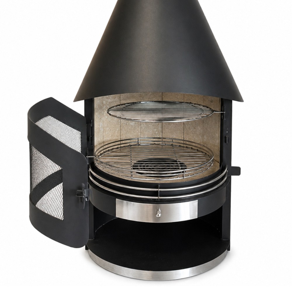 Barbecue a Lenha Artom Torre Preto com Chaminé, Grelha Inox e Interior em Vermiculite
