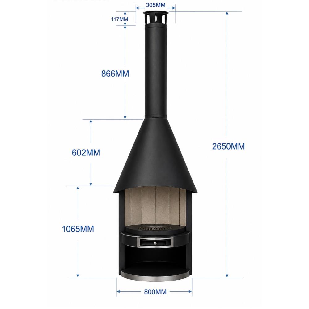 Barbecue a Lenha Artom Torre Preto com Chaminé, Grelha Inox e Interior em Vermiculite