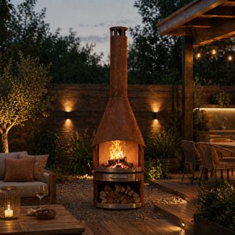 Barbecue a Lenha Artom Torre Aço Corten com Chaminé, Grelha Inox e Interior em Vermiculite