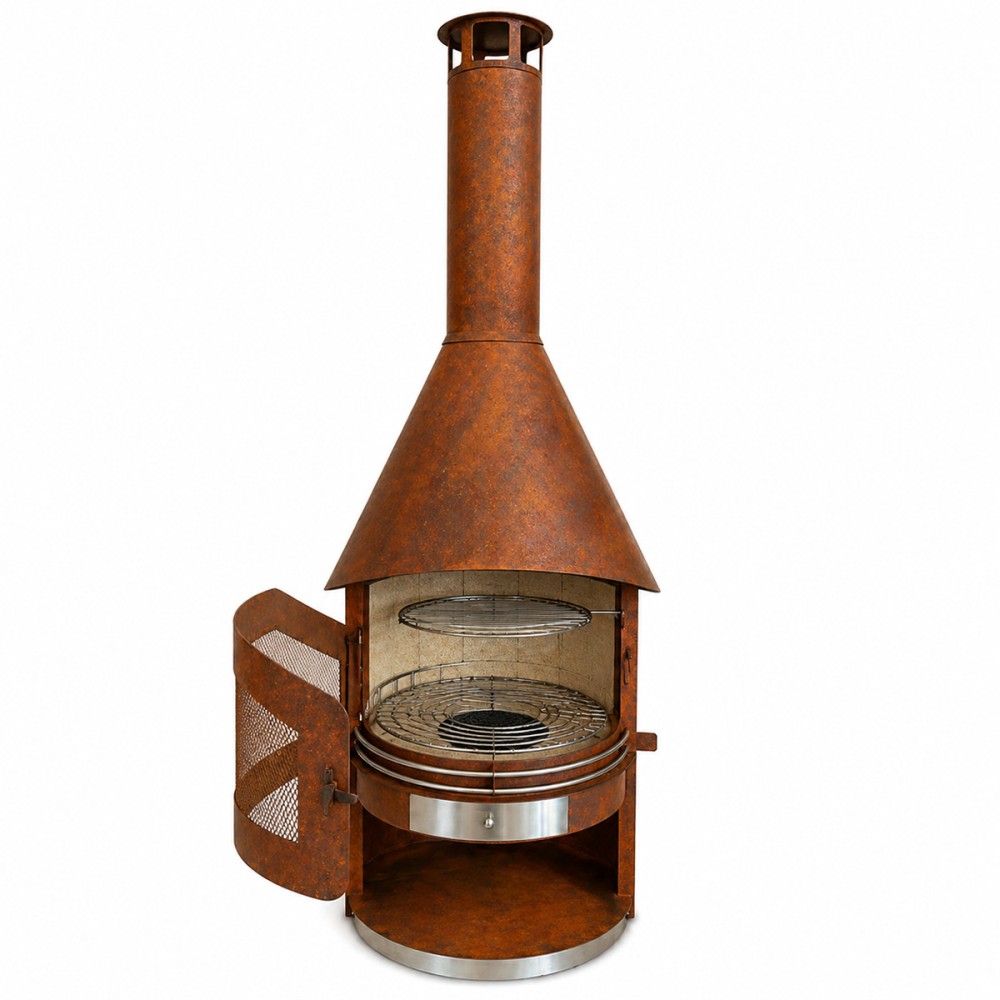 Barbecue a Lenha Artom Torre Aço Corten com Chaminé, Grelha Inox e Interior em Vermiculite