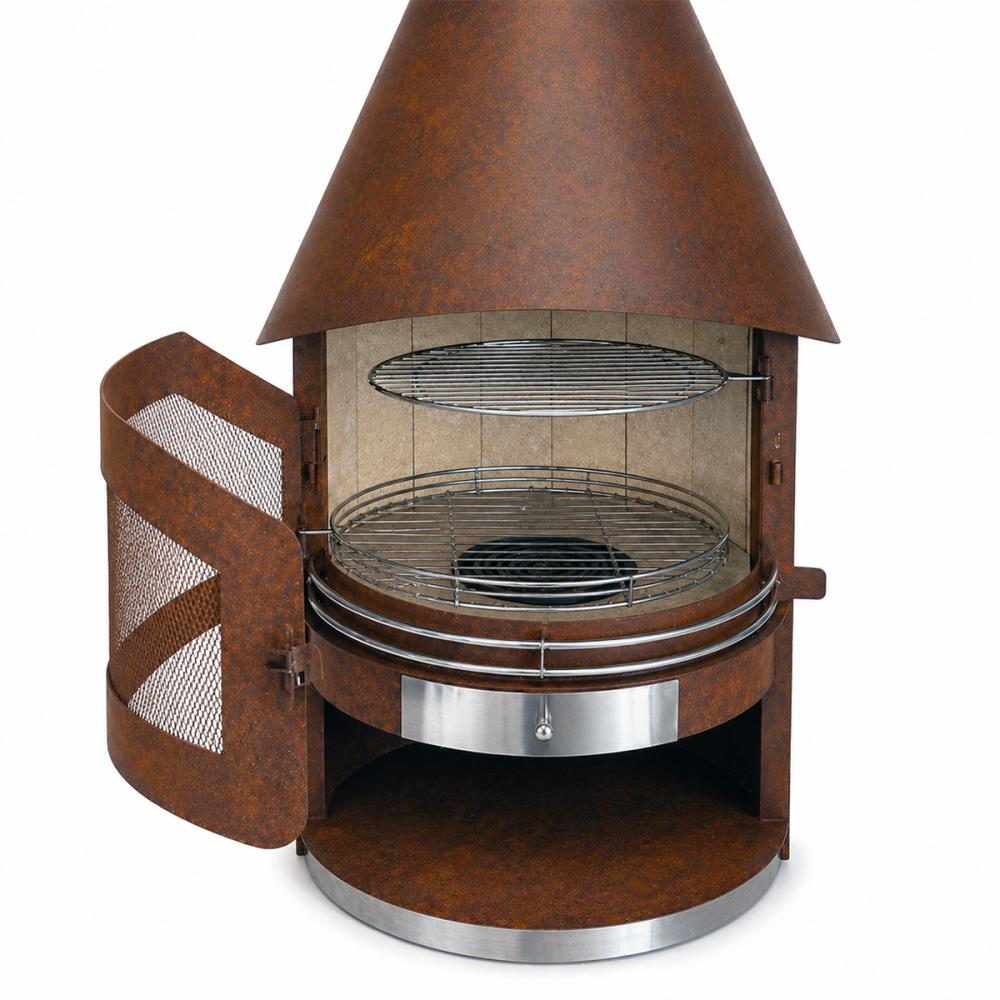 Barbecue a Lenha Artom Torre Aço Corten com Chaminé, Grelha Inox e Interior em Vermiculite