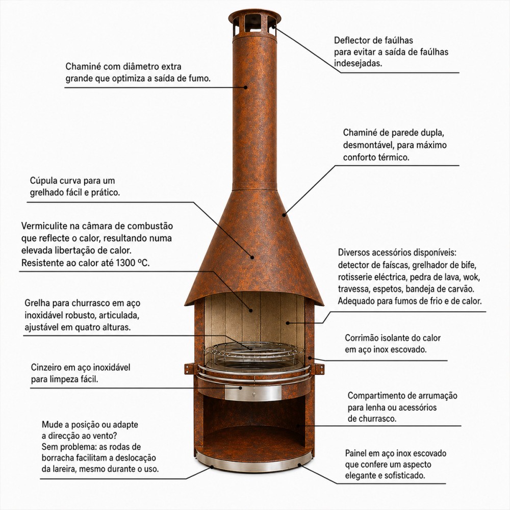 Barbecue a Lenha Artom Torre Aço Corten com Chaminé, Grelha Inox e Interior em Vermiculite