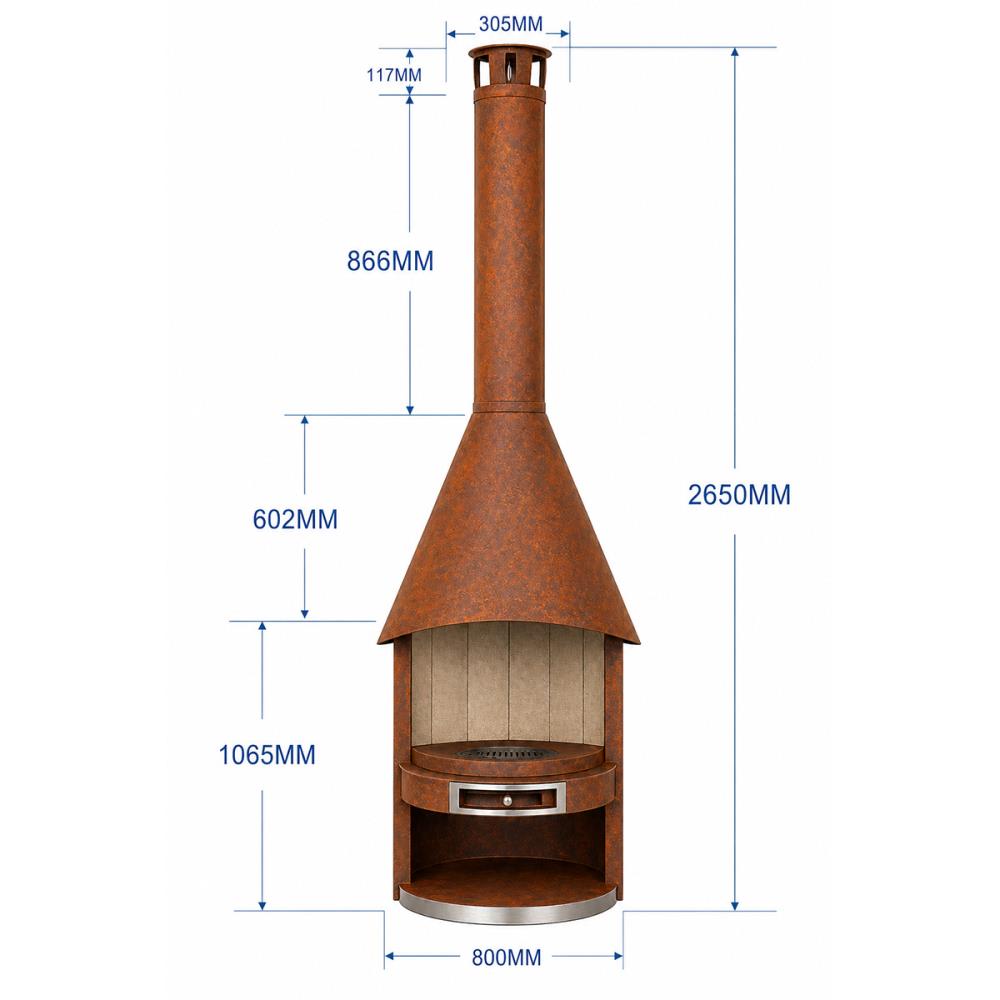 Barbecue a Lenha Artom Torre Aço Corten com Chaminé, Grelha Inox e Interior em Vermiculite