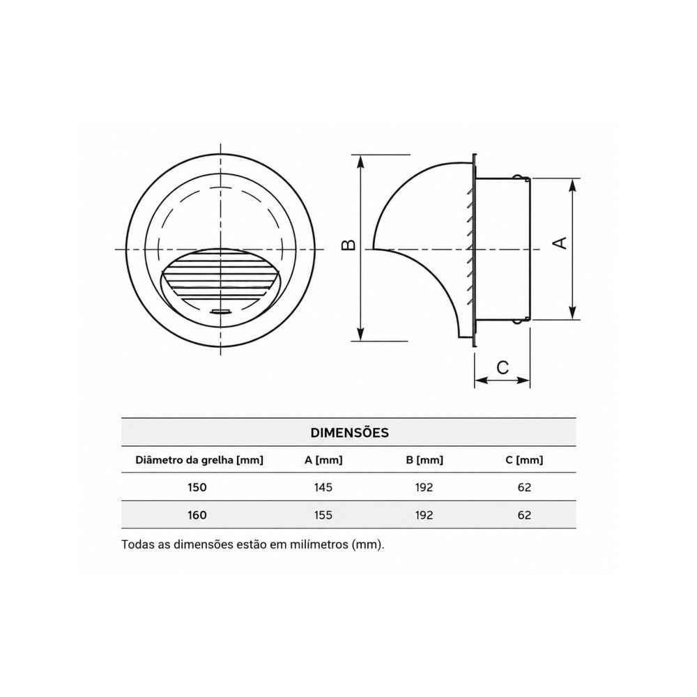 Difusor de Fachada Redondo Inox Exterior Anti-Inseto 160mm